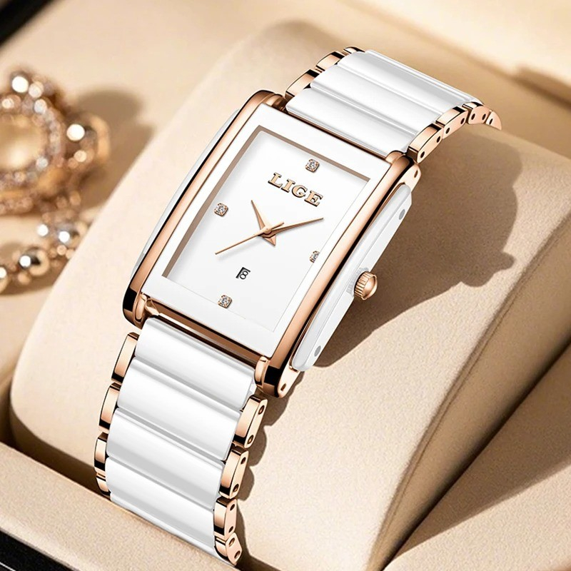 LIGE-89156 Ladies Watch Waterproof Fashion Creative Square Siramic Watch