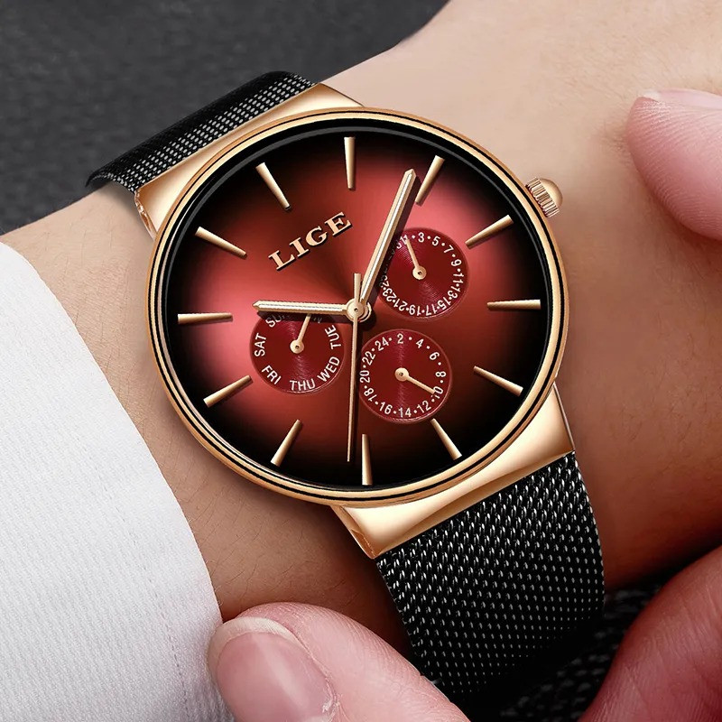 LIGE 9936 New Fashion Mens Watches Top Brand Luxury Quartz Watch Men Mesh Steel Waterproof watch